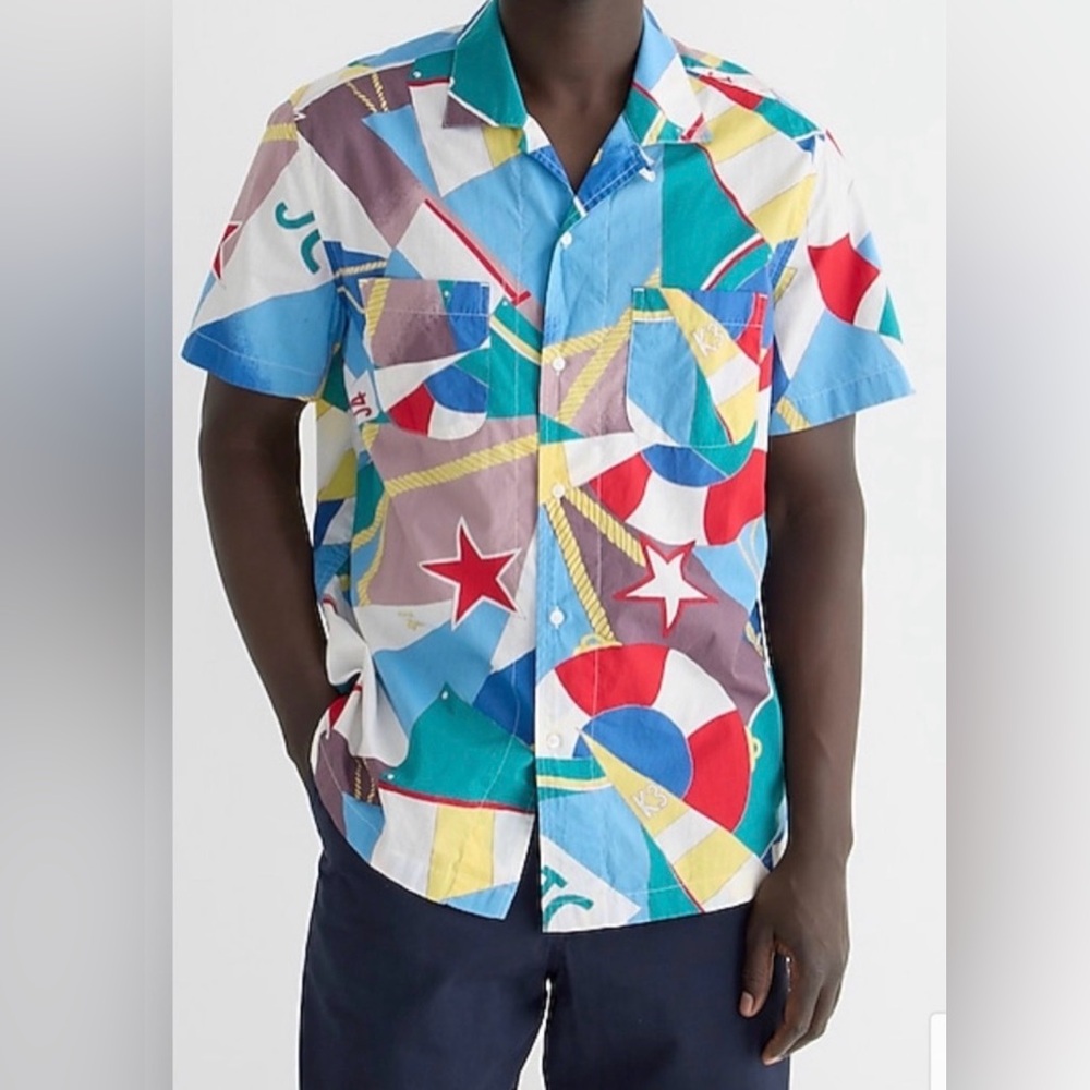 NWT J Crew Short-sleeve slub cotton camp-collar shirt in print
